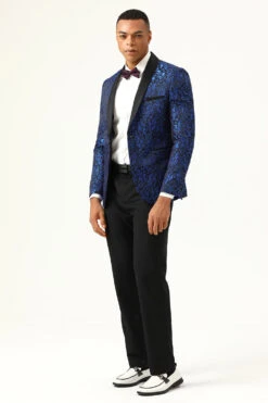One Button Blue Shawl Lapel Jacquard Men's Prom Blazer -Zapaka Sales Store CGGXH0729Blue 3