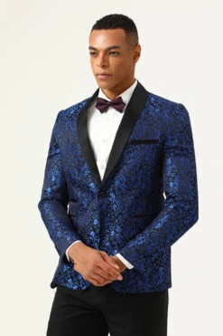 One Button Blue Shawl Lapel Jacquard Men's Prom Blazer -Zapaka Sales Store CGGXH0729Blue 6