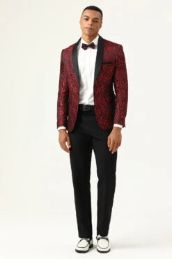 One Button Red Shawl Lapel Jacquard Men's Prom Blazer