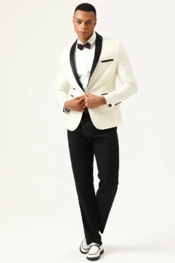 One Button Blue Shawl Lapel Jacquard Men's Prom Blazer -Zapaka Sales Store CGGXH0729White 1