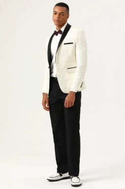 One Button Blue Shawl Lapel Jacquard Men's Prom Blazer -Zapaka Sales Store CGGXH0729White 3