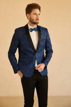 Red Shawl Lapel Jacquard One Button Men's Prom Blazer -Zapaka Sales Store CGGXH0729 Blue 4