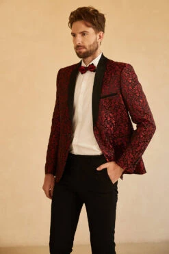 Red Shawl Lapel Jacquard One Button Men's Prom Blazer -Zapaka Sales Store CGGXH0729 Red 1 first