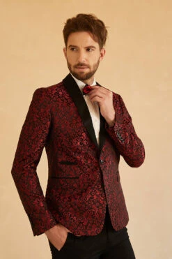 Red Shawl Lapel Jacquard One Button Men's Prom Blazer -Zapaka Sales Store CGGXH0729 Red 5