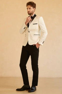 Red Shawl Lapel Jacquard One Button Men's Prom Blazer -Zapaka Sales Store CGGXH0729 White 3