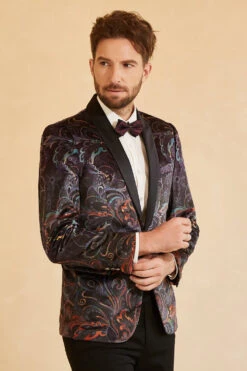 Black Jacquard Shawl Lapel One Button Men's Prom Blazer -Zapaka Sales Store CGGXH0730 Black 5