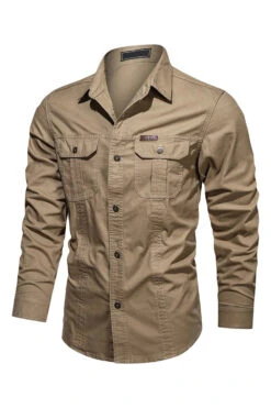 Men's Workwear Long Sleeve Army Green Plus Size Shirt -Zapaka Sales Store CGGXH0845 Khaki