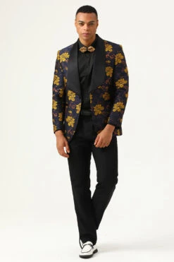 Yellow Flower Shawl Lapel Jacquard Men's Prom Blazer -Zapaka Sales Store CGGXH0870 Navy 1