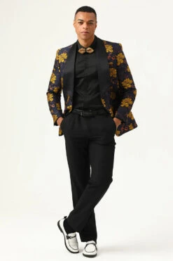 Yellow Flower Shawl Lapel Jacquard Men's Prom Blazer -Zapaka Sales Store CGGXH0870 Navy 3