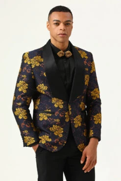 Yellow Flower Shawl Lapel Jacquard Men's Prom Blazer -Zapaka Sales Store CGGXH0870 Navy 4