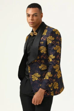 Yellow Flower Shawl Lapel Jacquard Men's Prom Blazer -Zapaka Sales Store CGGXH0870 Navy 6