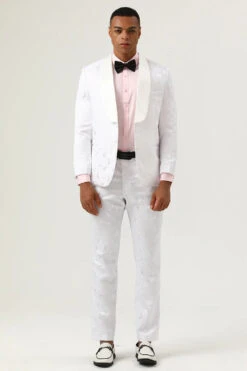White Jacquard Shawl Lapel 2 Piece Men's Prom Suits -Zapaka Sales Store CGGXH0893 White 1 1