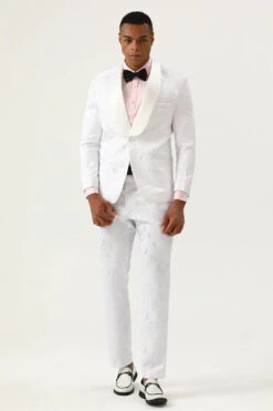 White Jacquard Shawl Lapel 2 Piece Men's Prom Suits -Zapaka Sales Store CGGXH0893 White 5