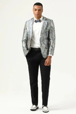Silver And Blue Jacquard Notched Lapel Men's Prom Blazer -Zapaka Sales Store CGGXH0894 20Silver 20Blue 20 4