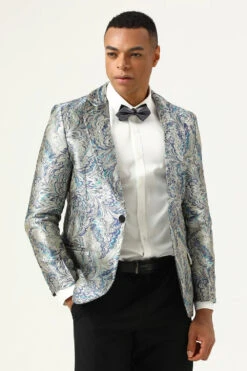 Silver And Blue Jacquard Notched Lapel Men's Prom Blazer