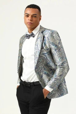 Silver And Blue Jacquard Notched Lapel Men's Prom Blazer -Zapaka Sales Store CGGXH0894 20Silver 20Blue 20 6