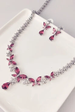 Royal Blue Butterfly Crystal Drop Earrings Necklace Jewelry Set -Zapaka Sales Store CGLHW21031 Fuchsia 3