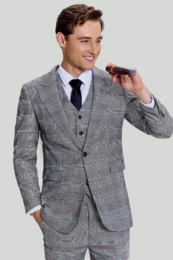 Grey Plaid Wide Peak Lapel 3 Piece Single Breasted Men's Suits -Zapaka Sales Store CGMPHL0018 2