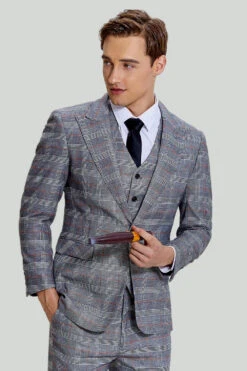 Grey Plaid Wide Peak Lapel 3 Piece Single Breasted Men's Suits -Zapaka Sales Store CGMPHL0018 7