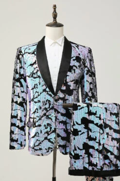 Purple Sequins Mens Two-Piece Suit Shawl Lapel One Button Tuxedo -Zapaka Sales Store CGMPHL0051BlackWhite 1