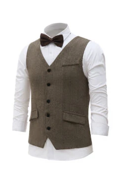Black Single Breasted Shawl Lapel Men's Suit Vest -Zapaka Sales Store CGMZL010 Khaki 3