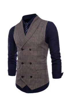 Grey Pinstripe Double Breasted Shawl Lapel Men's Suit Vest -Zapaka Sales Store CGMZL012 Brown 3