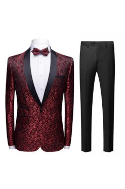 Black Jacquard Shawl Lapel Men's 2 Pieces Suits -Zapaka Sales Store CGMZL041 Red