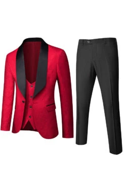 White Jacquard Men's 3 Pieces Prom Suits -Zapaka Sales Store CGMZL042 Red