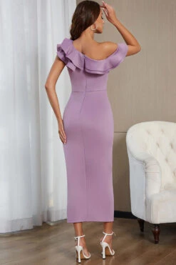 Lilac Ruffles One Shoulder Cocktail Dress With Slit -Zapaka Sales Store CGYHQ1112 Lilac 4