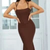 Coffee Spaghetti Straps Bodycon Cocktail Dress