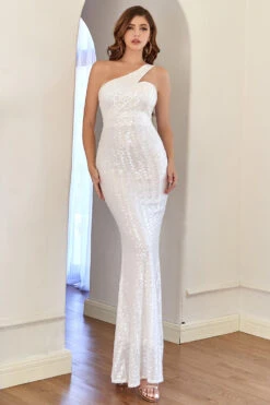 White One Shoulder Sequins Mermaid Prom Dress -Zapaka Sales Store CGZL221439 White 4
