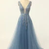 Blue Tulle Prom Dress With Appliques