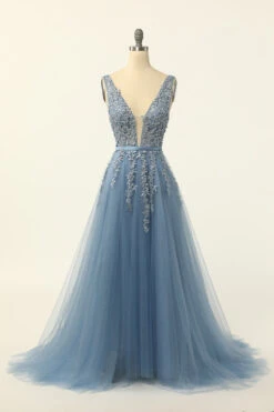 Blue Tulle Prom Dress With Appliques