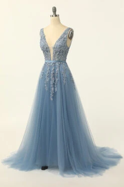 Blue Tulle Prom Dress With Appliques -Zapaka Sales Store CGZL221475 Blue 3