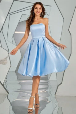 Sky Blue Strapless Satin Short Prom Dress