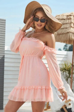 Off The Shoulder Blush Summer Dress With Jacquard Wood Ear -Zapaka Sales Store CGZL221543 Blush 4