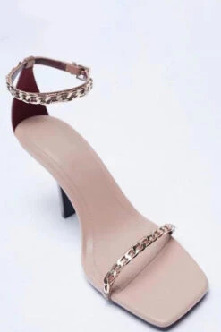 Metal Chain Square Toe Heel Sandals -Zapaka Sales Store CGZL221730 Light Nude 4