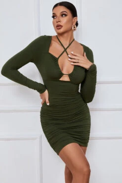 Long Sleeves Halter Mini Dress With Ruffles -Zapaka Sales Store CGZL221960 Army Green 1 first