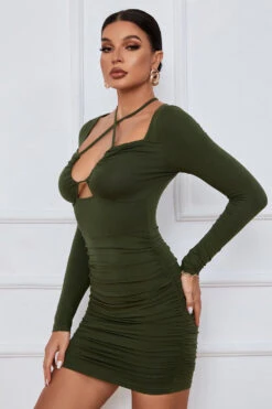 Long Sleeves Halter Mini Dress With Ruffles -Zapaka Sales Store CGZL221960 Army Green 4
