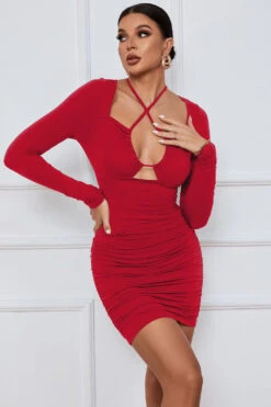 Long Sleeves Halter Mini Dress With Ruffles -Zapaka Sales Store CGZL221960 Red 1 first