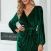 Dark Green Velvet Long Sleeves Wrap Party Dress