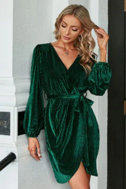 Dark Green Velvet Long Sleeves Wrap Party Dress -Zapaka Sales Store CGZL222181 Dark Green 5 09 10 2022