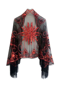 Black Golden Sequined 1920s Cape With Fringes -Zapaka Sales Store CGZL222366 Black Red 2
