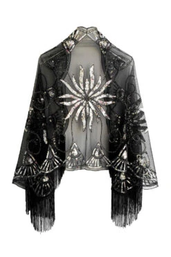 Black Golden Sequined 1920s Cape With Fringes -Zapaka Sales Store CGZL222366 Black Silver 2