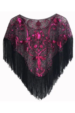 Sequined Black Golden 1920s Cape With Fringes -Zapaka Sales Store CGZL222367 Balck Fuchsia