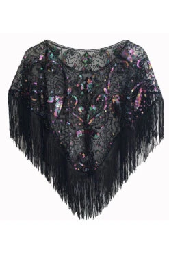 Sequined Black Golden 1920s Cape With Fringes -Zapaka Sales Store CGZL222367 Black Colorful