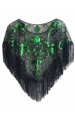 Sequined Black Golden 1920s Cape With Fringes -Zapaka Sales Store CGZL222367 Black Green
