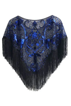 Sequined Black Golden 1920s Cape With Fringes -Zapaka Sales Store CGZL222367 Black Royal Blue