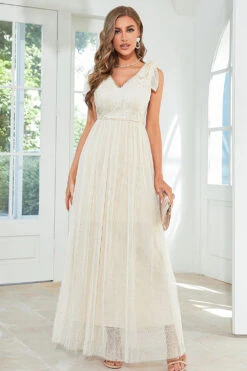Apricot Lace Long Wedding Guest Dress With Bowknot