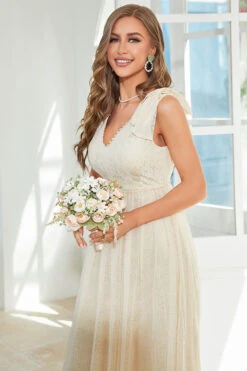 Apricot Lace Long Wedding Guest Dress With Bowknot -Zapaka Sales Store CGZL231272 Apricot 3 10 04 2023